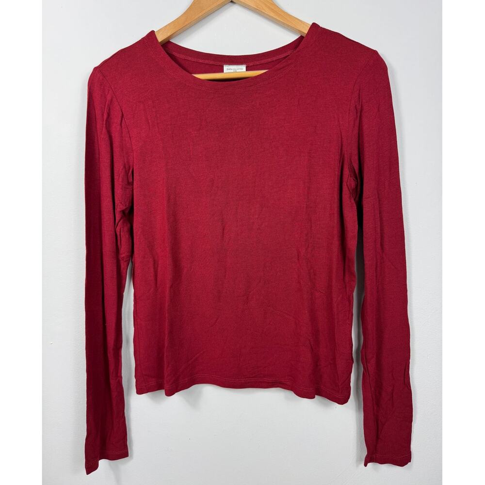 Zara Collection Women's Ribbed Long Sleeve Tee in Maroon Size M